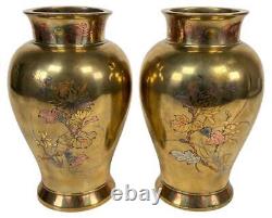 Pair Antique 19thC Japan Meiji Brass Bronze Gilt Mixed Metals Inlay Signed Vases