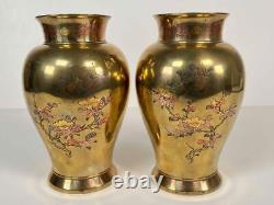 Pair Antique 19thC Japan Meiji Brass Bronze Gilt Mixed Metals Inlay Signed Vases