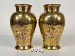 Pair Antique 19thC Japan Meiji Brass Bronze Gilt Mixed Metals Inlay Signed Vases