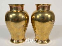 Pair Antique 19thC Japan Meiji Brass Bronze Gilt Mixed Metals Inlay Signed Vases