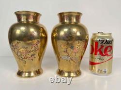 Pair Antique 19thC Japan Meiji Brass Bronze Gilt Mixed Metals Inlay Signed Vases