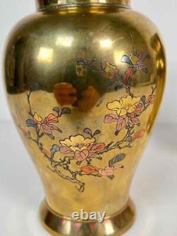 Pair Antique 19thC Japan Meiji Brass Bronze Gilt Mixed Metals Inlay Signed Vases