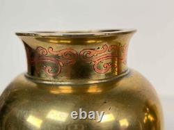 Pair Antique 19thC Japan Meiji Brass Bronze Gilt Mixed Metals Inlay Signed Vases