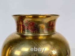 Pair Antique 19thC Japan Meiji Brass Bronze Gilt Mixed Metals Inlay Signed Vases