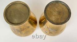 Pair Antique 19thC Japan Meiji Brass Bronze Gilt Mixed Metals Inlay Signed Vases