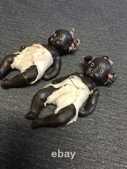 Pair Antique 30's Signed Japan African American Jointed Bisque 4'' Baby Doll