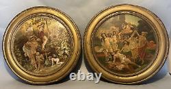 Pair Antique Advertising Metal Tin Plaques Celebration of Fall & Bacchus 19th C