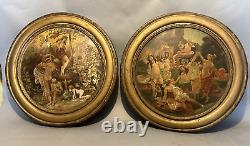 Pair Antique Advertising Metal Tin Plaques Celebration of Fall & Bacchus 19th C