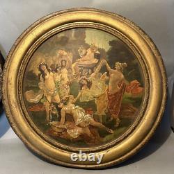 Pair Antique Advertising Metal Tin Plaques Celebration of Fall & Bacchus 19th C