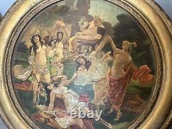 Pair Antique Advertising Metal Tin Plaques Celebration of Fall & Bacchus 19th C