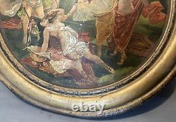 Pair Antique Advertising Metal Tin Plaques Celebration of Fall & Bacchus 19th C