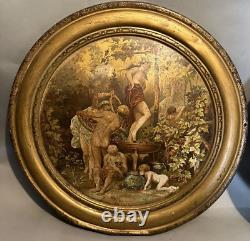 Pair Antique Advertising Metal Tin Plaques Celebration of Fall & Bacchus 19th C