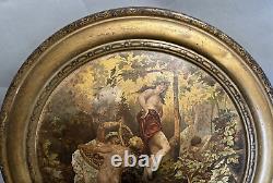 Pair Antique Advertising Metal Tin Plaques Celebration of Fall & Bacchus 19th C