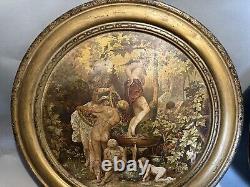 Pair Antique Advertising Metal Tin Plaques Celebration of Fall & Bacchus 19th C