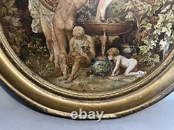 Pair Antique Advertising Metal Tin Plaques Celebration of Fall & Bacchus 19th C