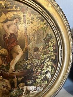 Pair Antique Advertising Metal Tin Plaques Celebration of Fall & Bacchus 19th C