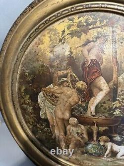 Pair Antique Advertising Metal Tin Plaques Celebration of Fall & Bacchus 19th C