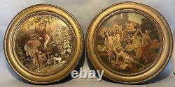 Pair Antique Advertising Metal Tin Plaques Celebration of Fall & Bacchus 19th C