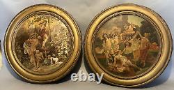 Pair Antique Advertising Metal Tin Plaques Celebration of Fall & Bacchus 19th C