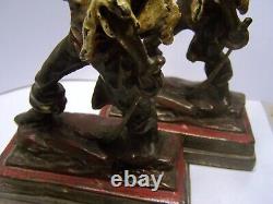 Pair Antique Armor Bronze Pirate Enamel Metal Statue Book Ends Signed P Beneduce