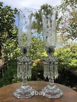 Pair Antique Baccarat Candlestick Lustres With Storm Shades. Signed. 1900 Superb