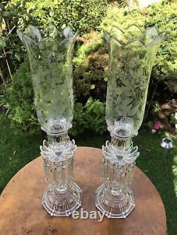 Pair Antique Baccarat Candlestick Lustres With Storm Shades. Signed. 1900 Superb