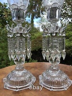 Pair Antique Baccarat Candlestick Lustres With Storm Shades. Signed. 1900 Superb