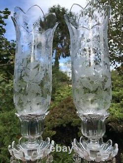 Pair Antique Baccarat Candlestick Lustres With Storm Shades. Signed. 1900 Superb