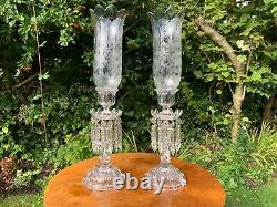 Pair Antique Baccarat Candlesticks, Lustres And Storm Shades. Signed Baccarat 1900