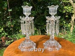 Pair Antique Baccarat Candlesticks, Lustres And Storm Shades. Signed Baccarat 1900