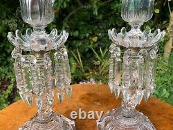 Pair Antique Baccarat Candlesticks, Lustres And Storm Shades. Signed Baccarat 1900