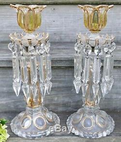 Pair Antique Baccarat Olive Green & Gold Candle Holder Lustre Crystal 14 H