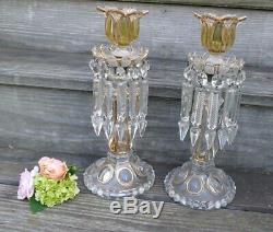 Pair Antique Baccarat Olive Green & Gold Candle Holder Lustre Crystal 14 H