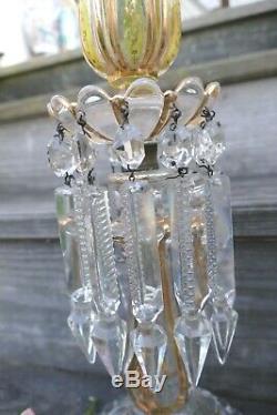 Pair Antique Baccarat Olive Green & Gold Candle Holder Lustre Crystal 14 H