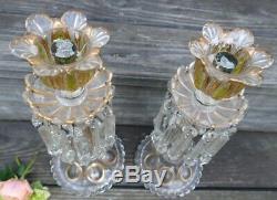 Pair Antique Baccarat Olive Green & Gold Candle Holder Lustre Crystal 14 H