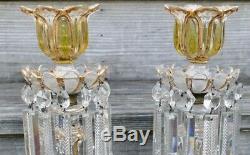 Pair Antique Baccarat Olive Green & Gold Candle Holder Lustre Crystal 14 H