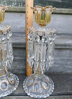 Pair Antique Baccarat Olive Green & Gold Candle Holder Lustre Crystal 14 H