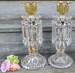 Pair Antique Baccarat Olive Green & Gold Candle Holder Lustre Crystal 14 H