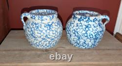 Pair Antique Blue Spongeware Crocks Bean Pots Signed Americana