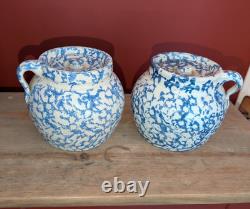 Pair Antique Blue Spongeware Crocks Bean Pots Signed Americana