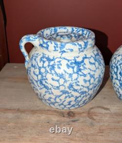 Pair Antique Blue Spongeware Crocks Bean Pots Signed Americana