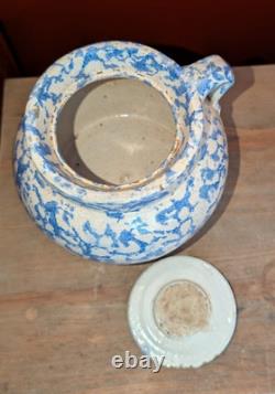 Pair Antique Blue Spongeware Crocks Bean Pots Signed Americana