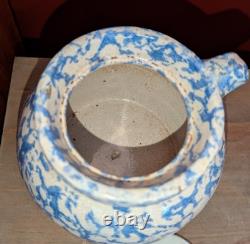 Pair Antique Blue Spongeware Crocks Bean Pots Signed Americana