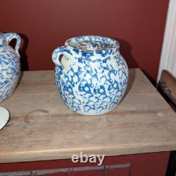 Pair Antique Blue Spongeware Crocks Bean Pots Signed Americana