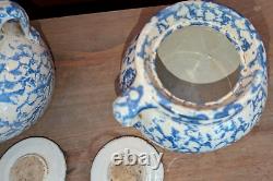 Pair Antique Blue Spongeware Crocks Bean Pots Signed Americana