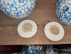 Pair Antique Blue Spongeware Crocks Bean Pots Signed Americana