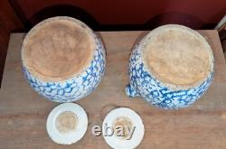 Pair Antique Blue Spongeware Crocks Bean Pots Signed Americana