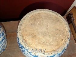 Pair Antique Blue Spongeware Crocks Bean Pots Signed Americana