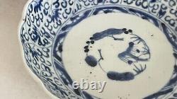 Pair Antique Blue White Early 1800's Chinese or Japanese Scalloped Bowls Signed