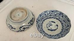 Pair Antique Blue White Early 1800's Chinese or Japanese Scalloped Bowls Signed